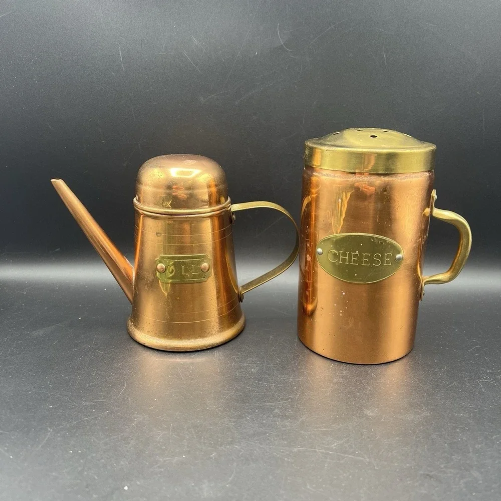 Cheese Shaker And Oil Solid Copper & Brass Rustic Patina Made in Korea Set Of 2